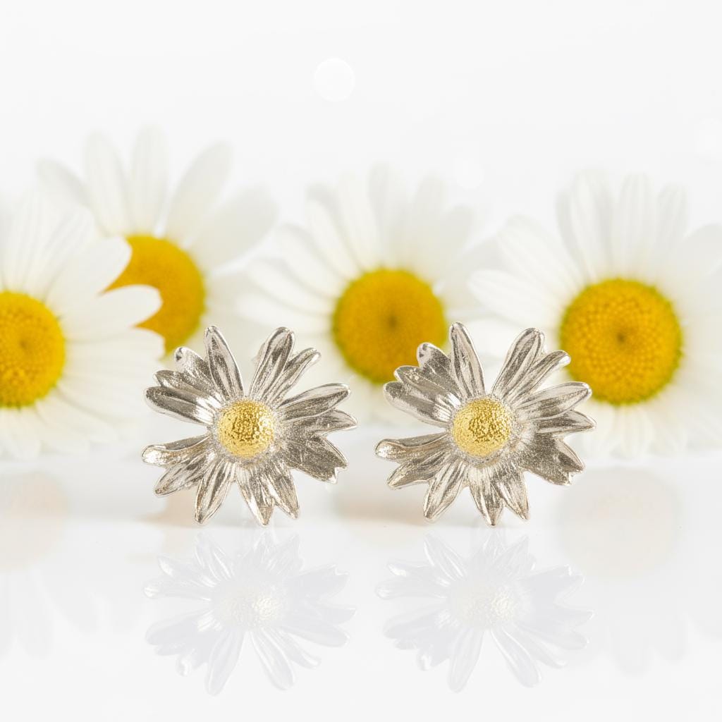 Daisy Flower Earrings, Gold-Plated Sterling Silver Jewelry, Handmade Jewelry, Gift for Her, Jewelry for Women